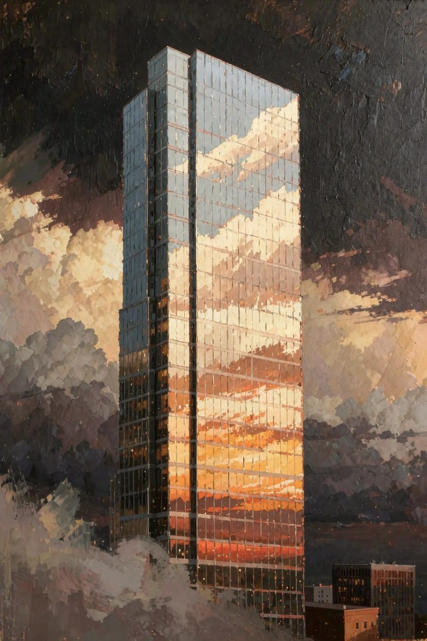 Oil painting of a tall glass skyscraper reflecting dramatic orange sunset clouds and dark stormy skies with a smaller brick building nearby.