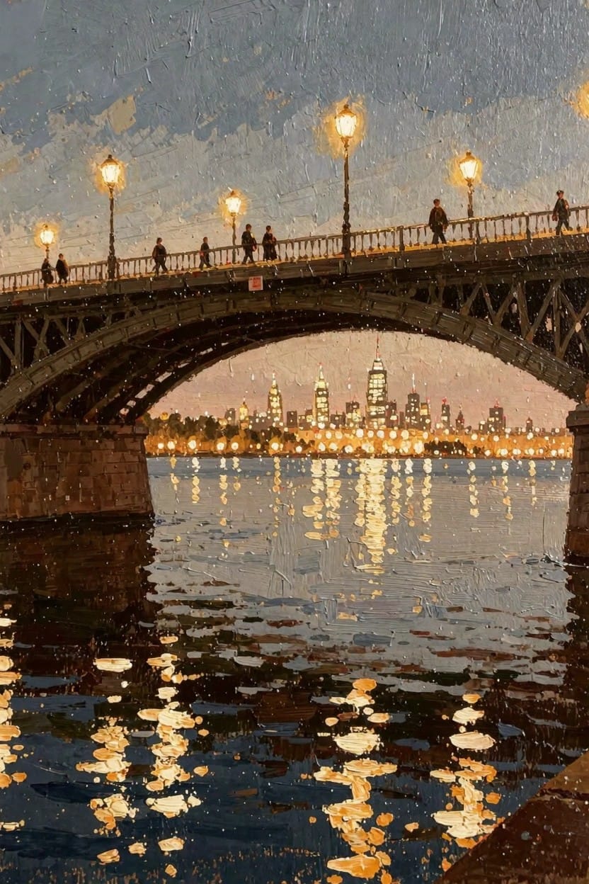 Oil painting of a stone arched bridge with lampposts and pedestrians at twilight, overlooking a river reflecting lights and a city skyline.