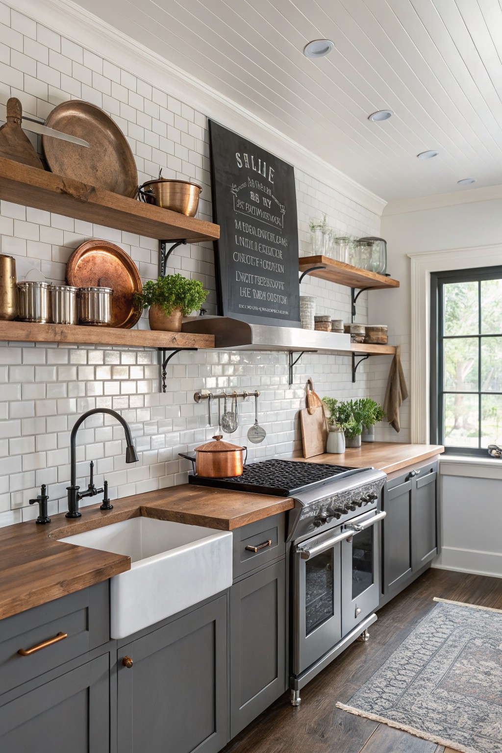Cozy kitchen with charcoal gray lower cabinets, white subway tile backsplash, wooden butcher block counters, brass hardware, open wood shelving, and a farmhouse sink under a large window
