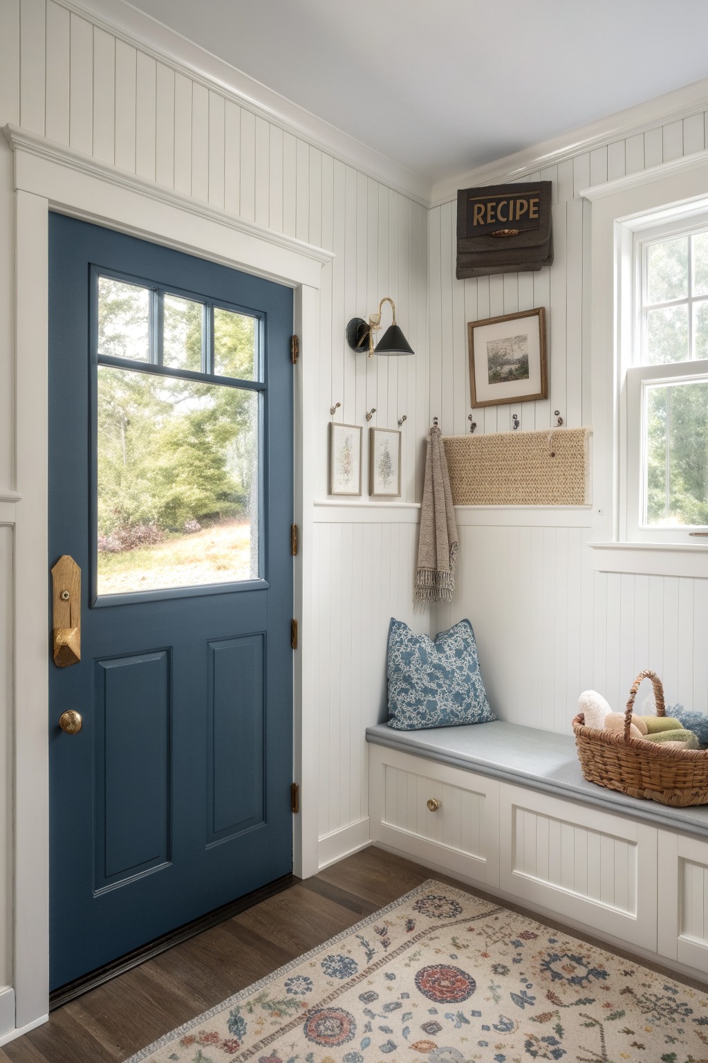 Mudroom corner with crisp white shiplap walls, navy blue door, built-in bench, and woven basket holding towels