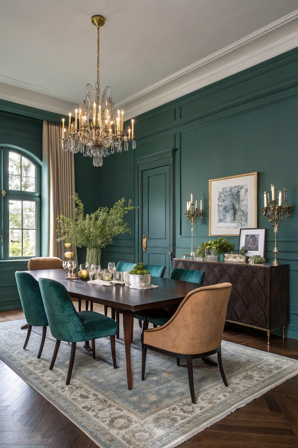 Elegant dining room with deep emerald green paneled walls, matching green velvet chairs, wooden table, gold chandelier, and potted plants on sideboard