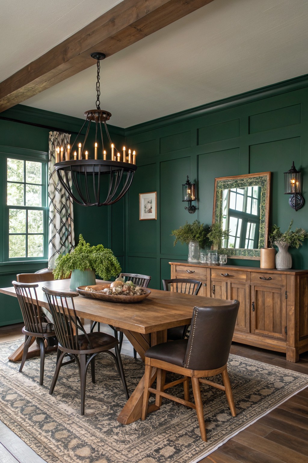 Dining room with deep green paneled walls, wooden trestle table, mixed wood and leather chairs, brass chandelier, and wooden buffet topped with greenery