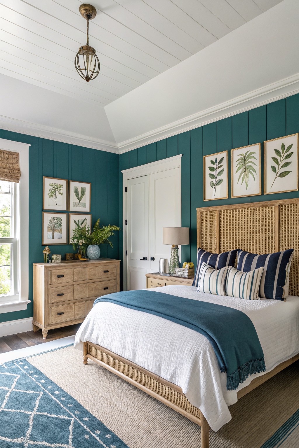 Bedroom with deep teal shiplap walls, white ceiling, rattan bed with navy pillows and teal throw, wood dresser, botanical prints, and coastal rug
