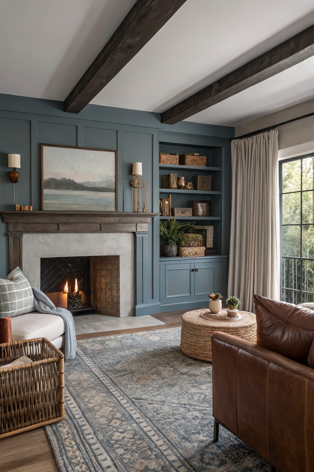 Cozy living room with dusty teal paneled walls and cabinets, wood-beam ceiling, stone fireplace, leather armchair, rattan stool, and blue rug