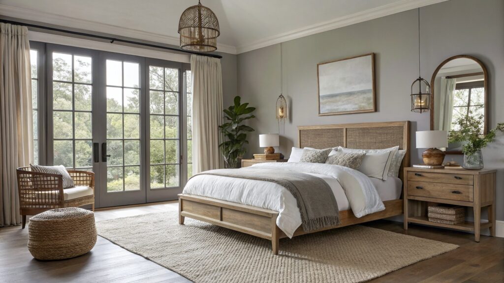 24 Beautiful House Color Palettes For Instant Style Bedroom with soft greige walls, wood bed frame, white bedding, rattan pendant light, and large windows overlooking trees