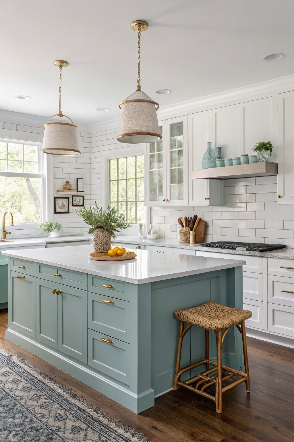 Kitchen island with soft muted teal cabinets, white shaker uppers, subway tile backsplash, and rattan stool on hardwood floors