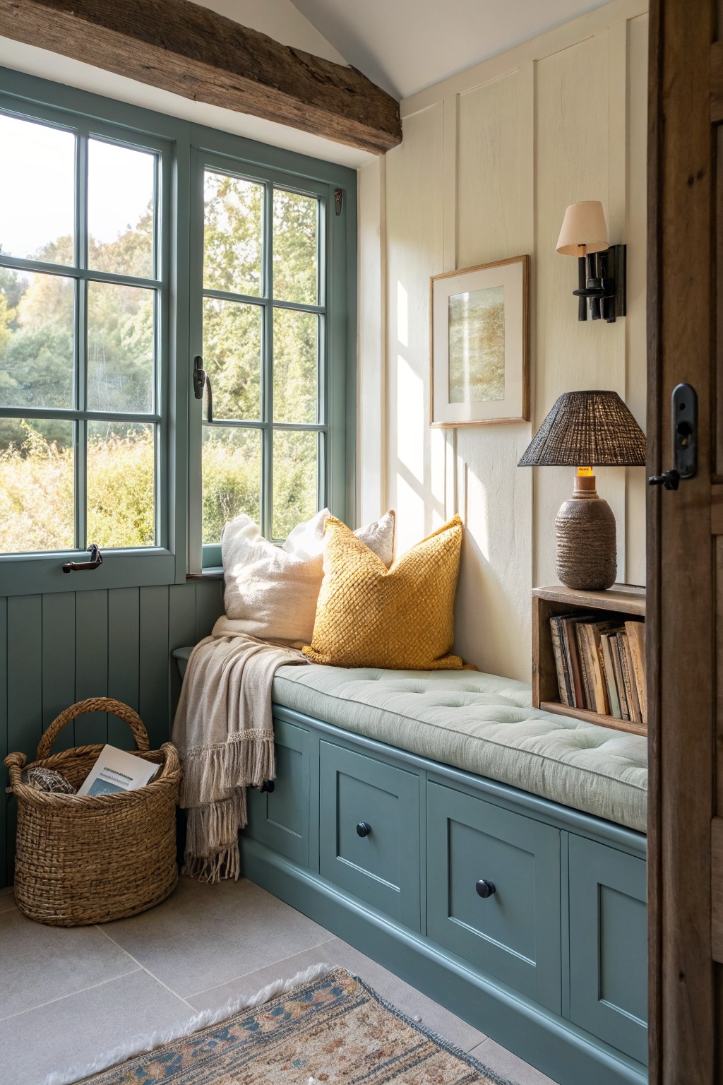 Cozy window seat nook with muted teal painted built-in bench and lower walls, cream upper paneling, large green-framed windows, woven basket, books, and pillows