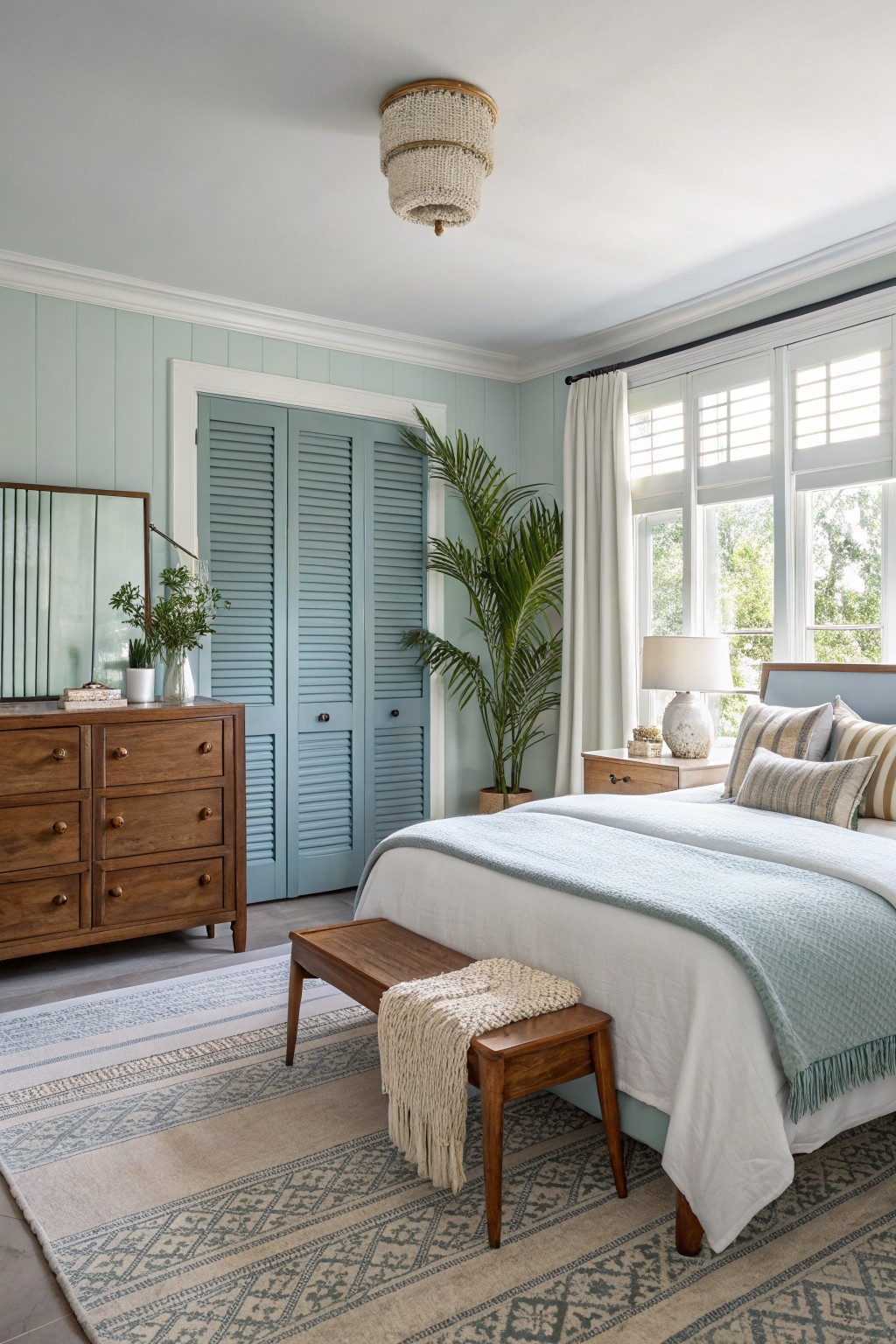 Cozy bedroom featuring soft blue-green shiplap walls, wooden furniture, potted palm, and neutral bedding on a light rug