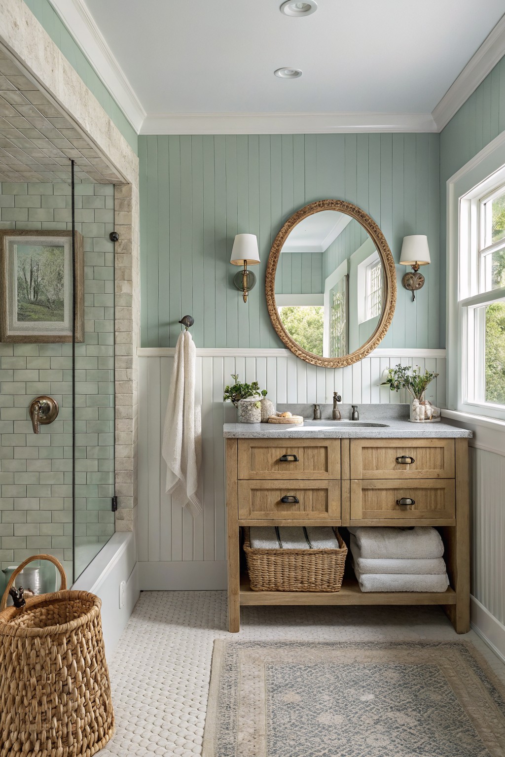 Cozy bathroom featuring pale green shiplap walls, wood vanity with baskets, large round mirror, glass shower enclosure, and potted plants