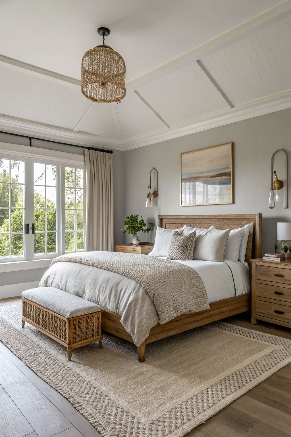 Bedroom with soft greige walls, wood bed frame, white bedding, rattan pendant light, and large windows overlooking trees