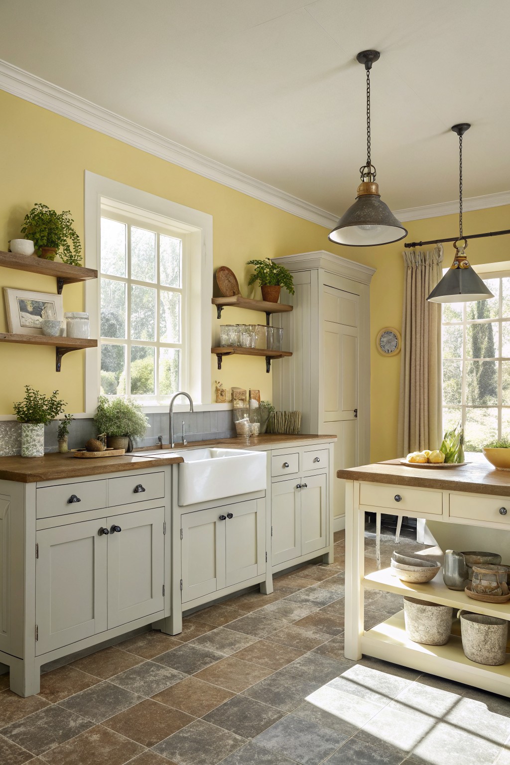 Cozy kitchen featuring soft pale yellow walls, white shaker cabinets, wooden island with fruits, potted plants on open shelves, and large windows with garden view