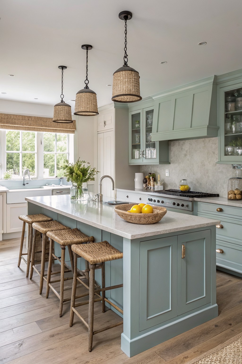 Cozy kitchen featuring soft sage green cabinets, a white quartz island with rattan stools, woven pendant lights, and natural wood floors