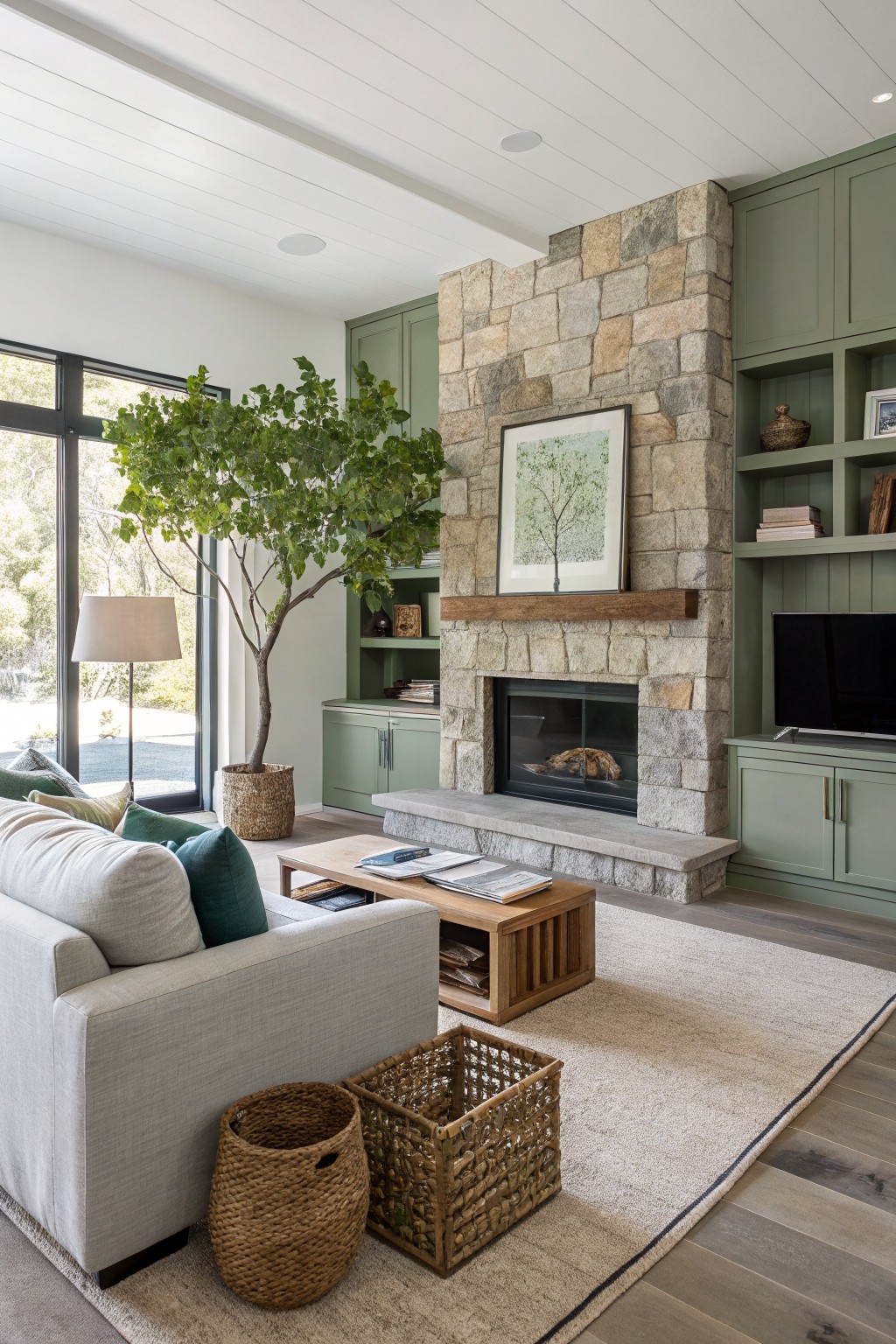 Cozy living room featuring sage green cabinetry around a stone fireplace, white shiplap ceiling, large potted tree near floor-to-ceiling windows, gray sofa with green pillows, wood coffee table, and woven baskets on a light rug