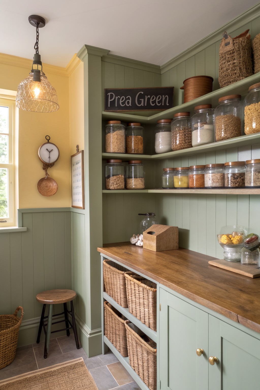 Cozy corner pantry with soft sage green paneled walls and cabinets, wooden countertop, open shelves stocked with glass jars of grains and spices, wicker baskets, and a stool.