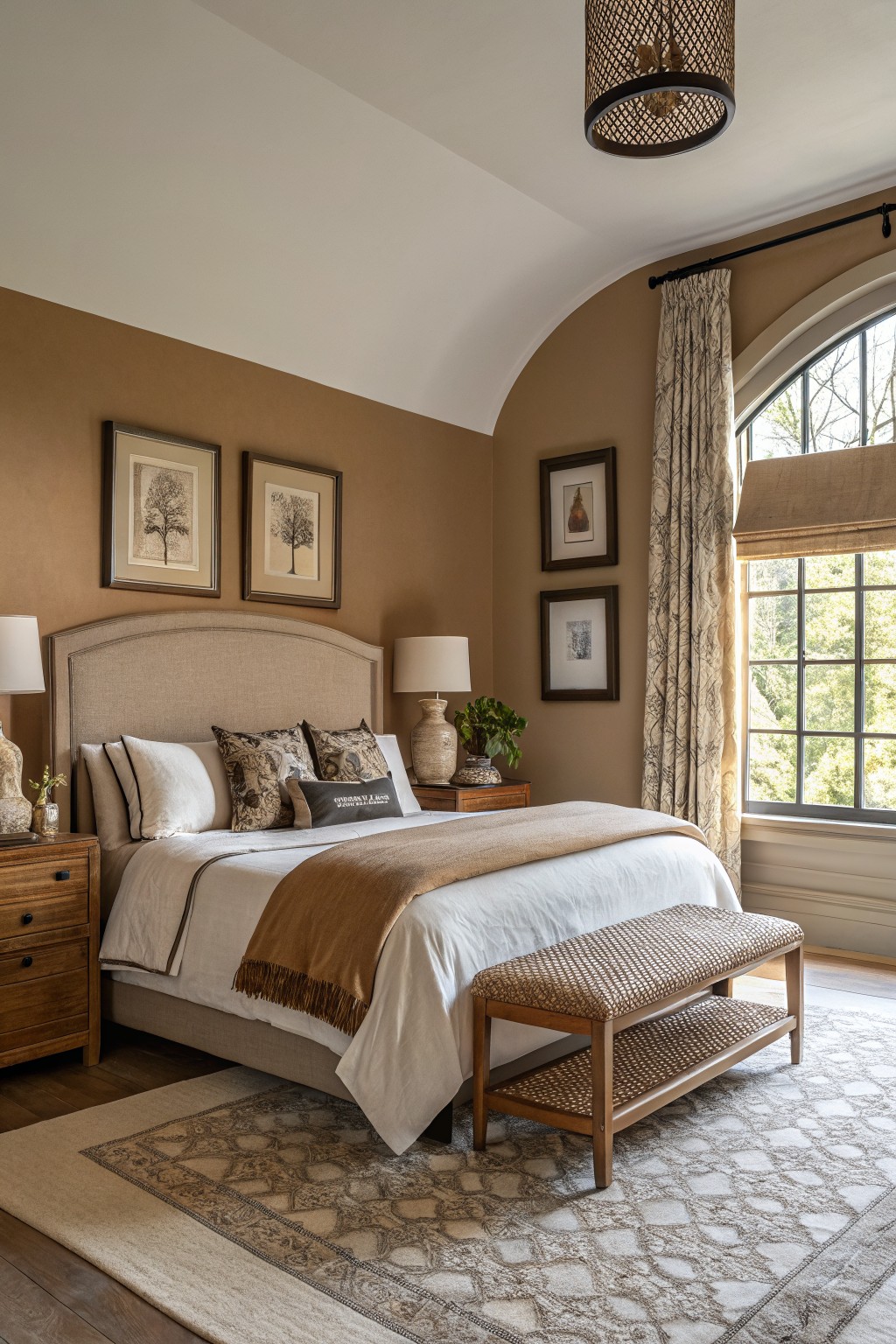 Bedroom with warm beige walls highlighting wood bedframe and neutral bedding