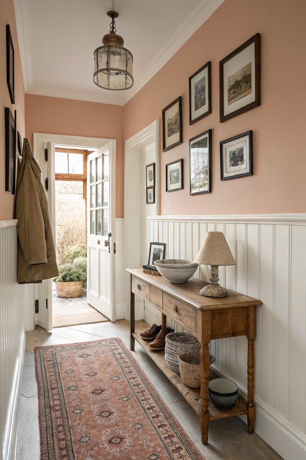 Hallway interior with soft warm pink walls, white wainscoting, wooden console table holding bowls and lamp, coats hanging by open garden door, assorted framed photos on walls