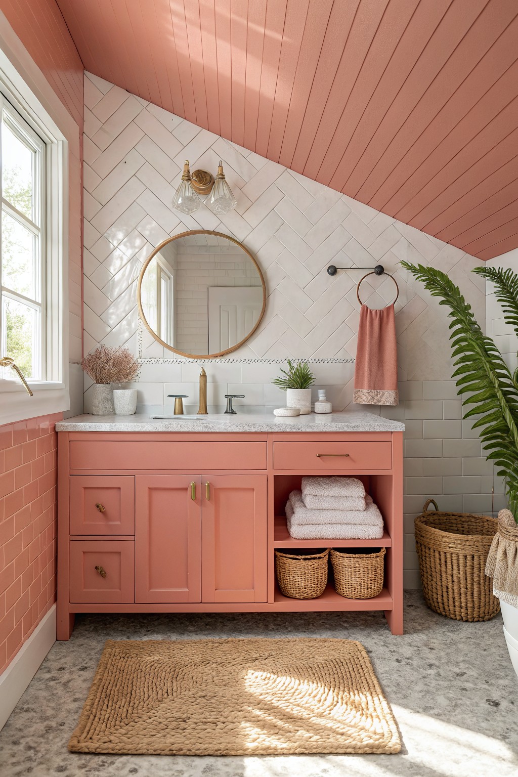 Cozy attic bathroom with warm coral pink ceiling and painted vanity, white herringbone tile walls, gold hardware, plants, and seagrass rug