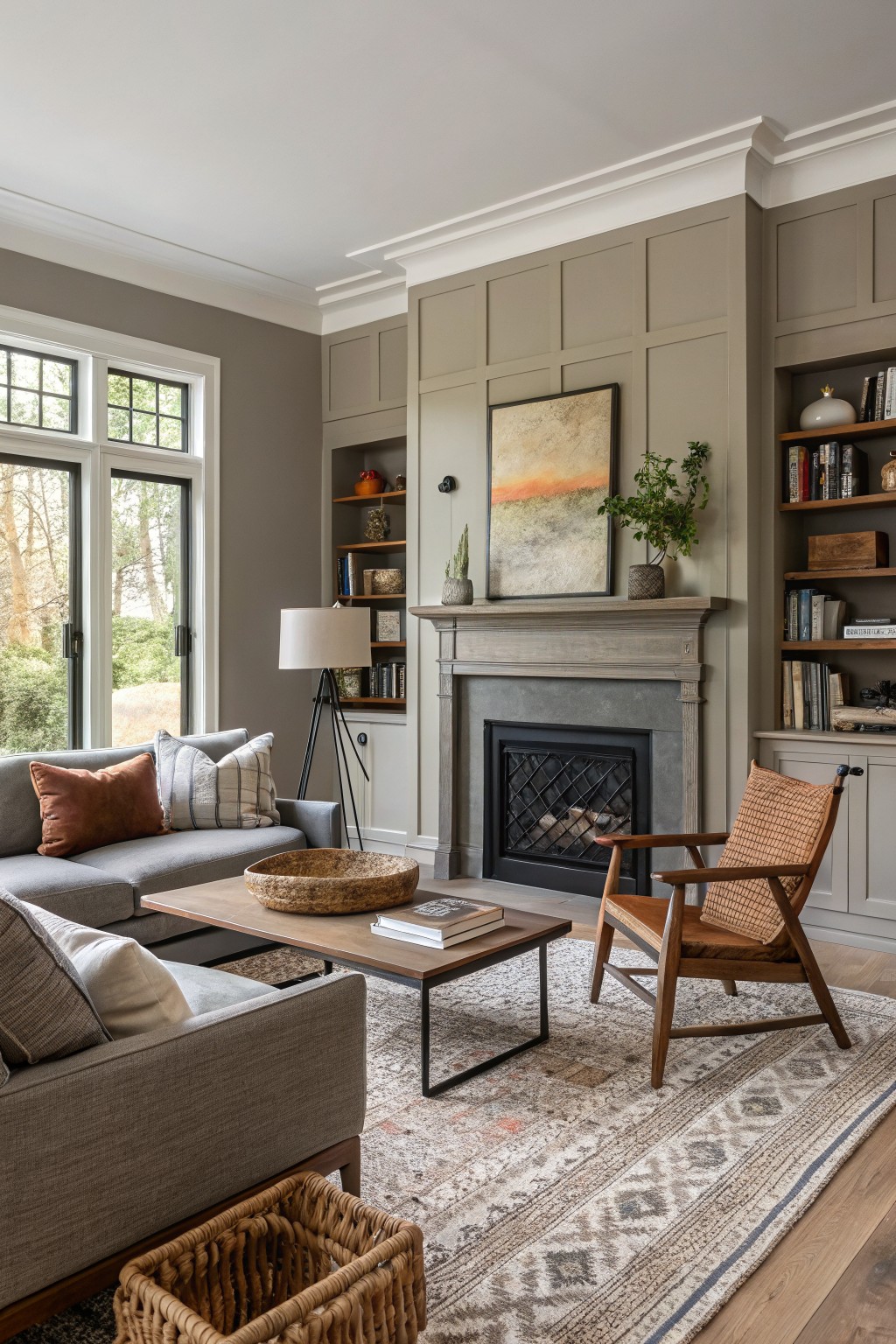 Cozy living room featuring warm greige paneled walls around a wood fireplace, gray sofa with orange pillows, rattan chair, and wood floors under a patterned rug