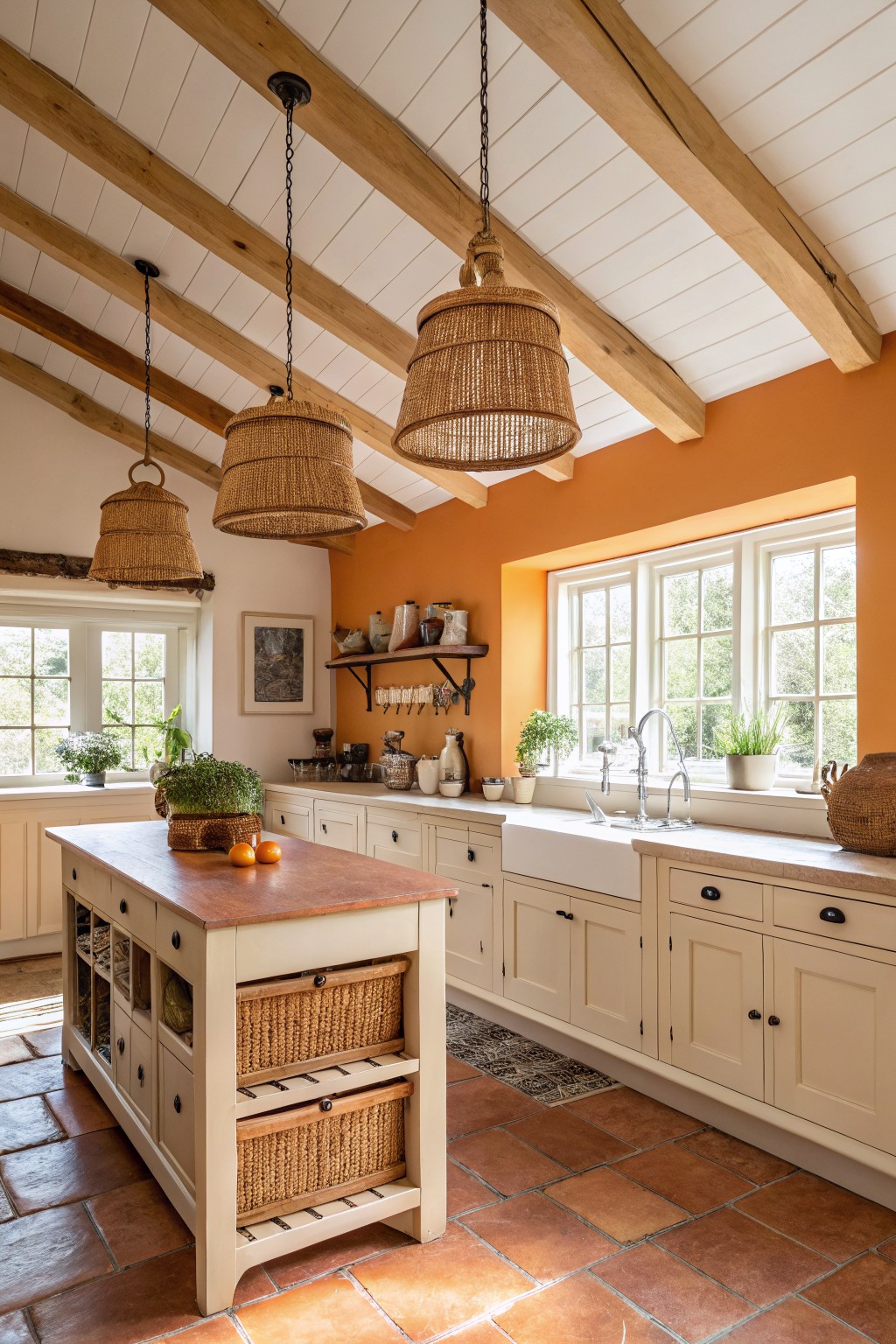 Cozy kitchen with warm terracotta orange accent wall, white shaker cabinets, wood beam ceiling, rattan pendant lights, and terracotta tile floor
