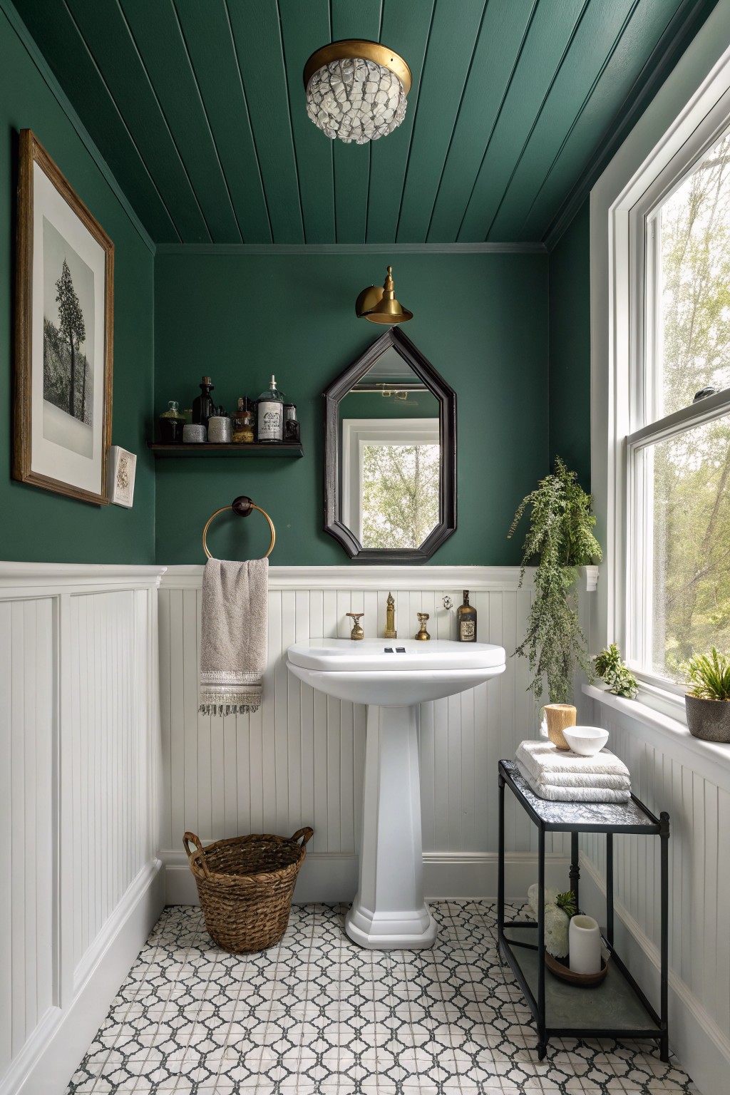 Cozy powder room featuring deep green painted walls and ceiling, white wainscoting, black-and-white patterned tile floor, pedestal sink with brass faucet, and potted plants near a sunny window