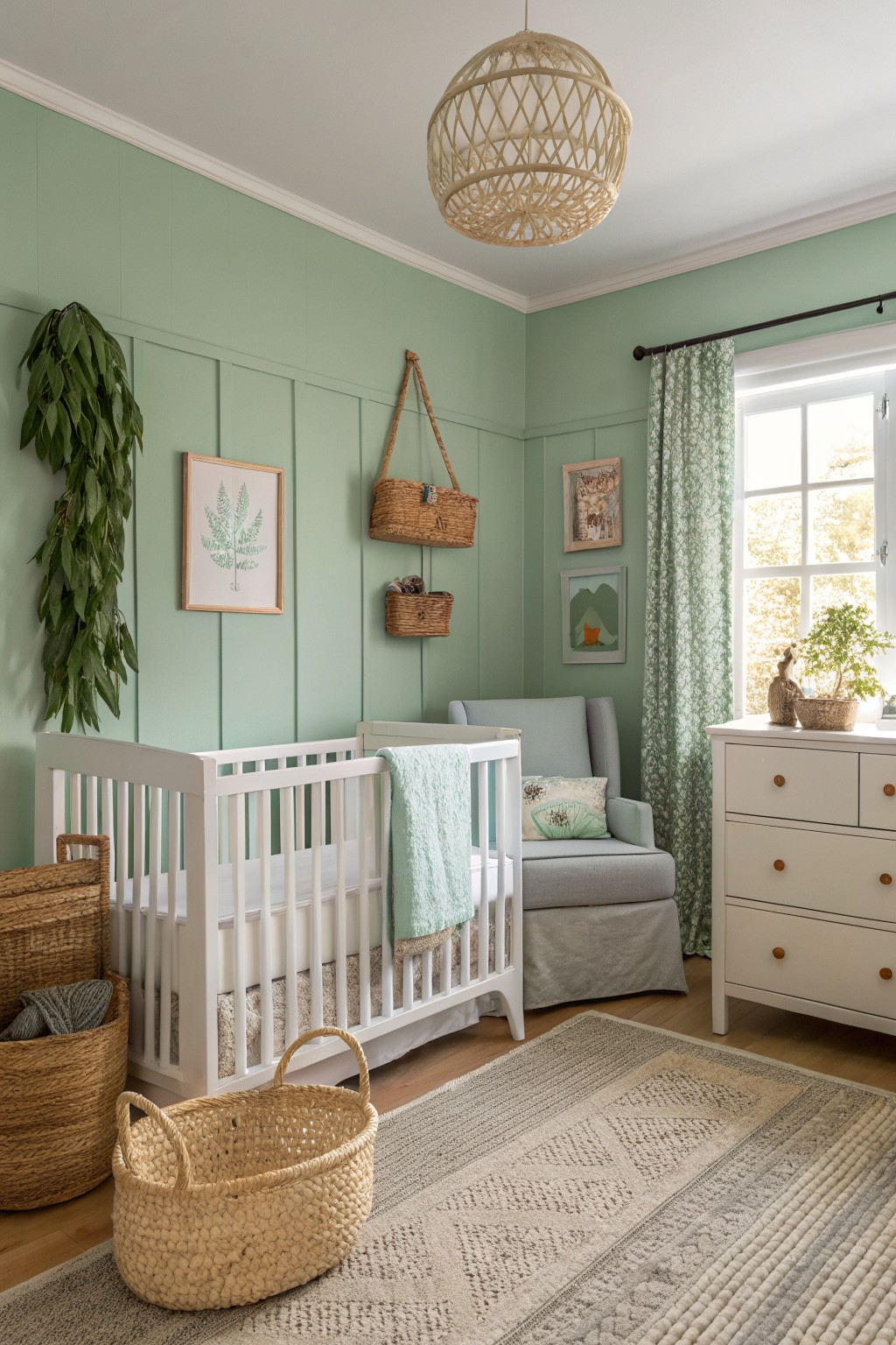 Cozy nursery featuring soft sage green board-and-batten walls, white crib with green blanket, rattan baskets, woven pendant light, and neutral rug.