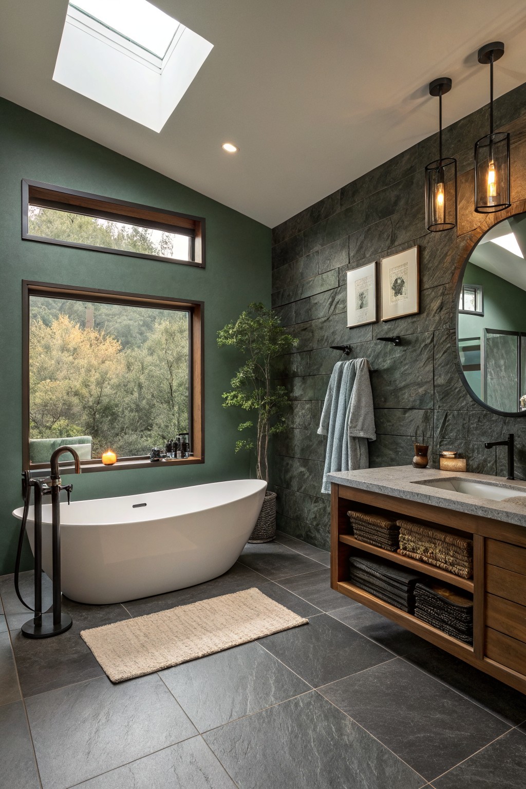 Modern bathroom with muted sage green walls, freestanding white tub, wood vanity, stone accents, and large window overlooking trees