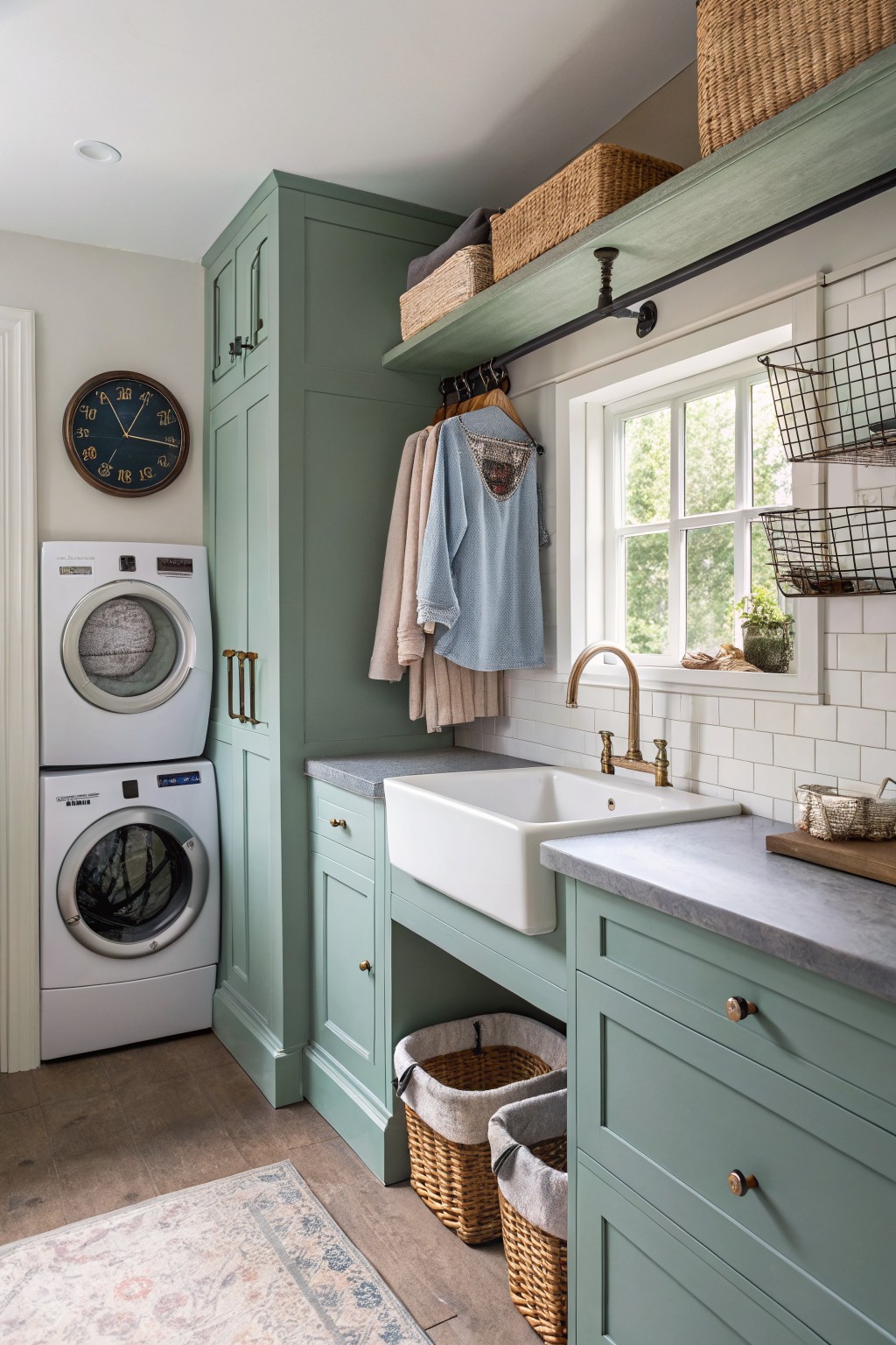 Cozy laundry room with sage green cabinets, stacked white washer dryer, farmhouse sink, hanging clothes, and wicker baskets on open shelves