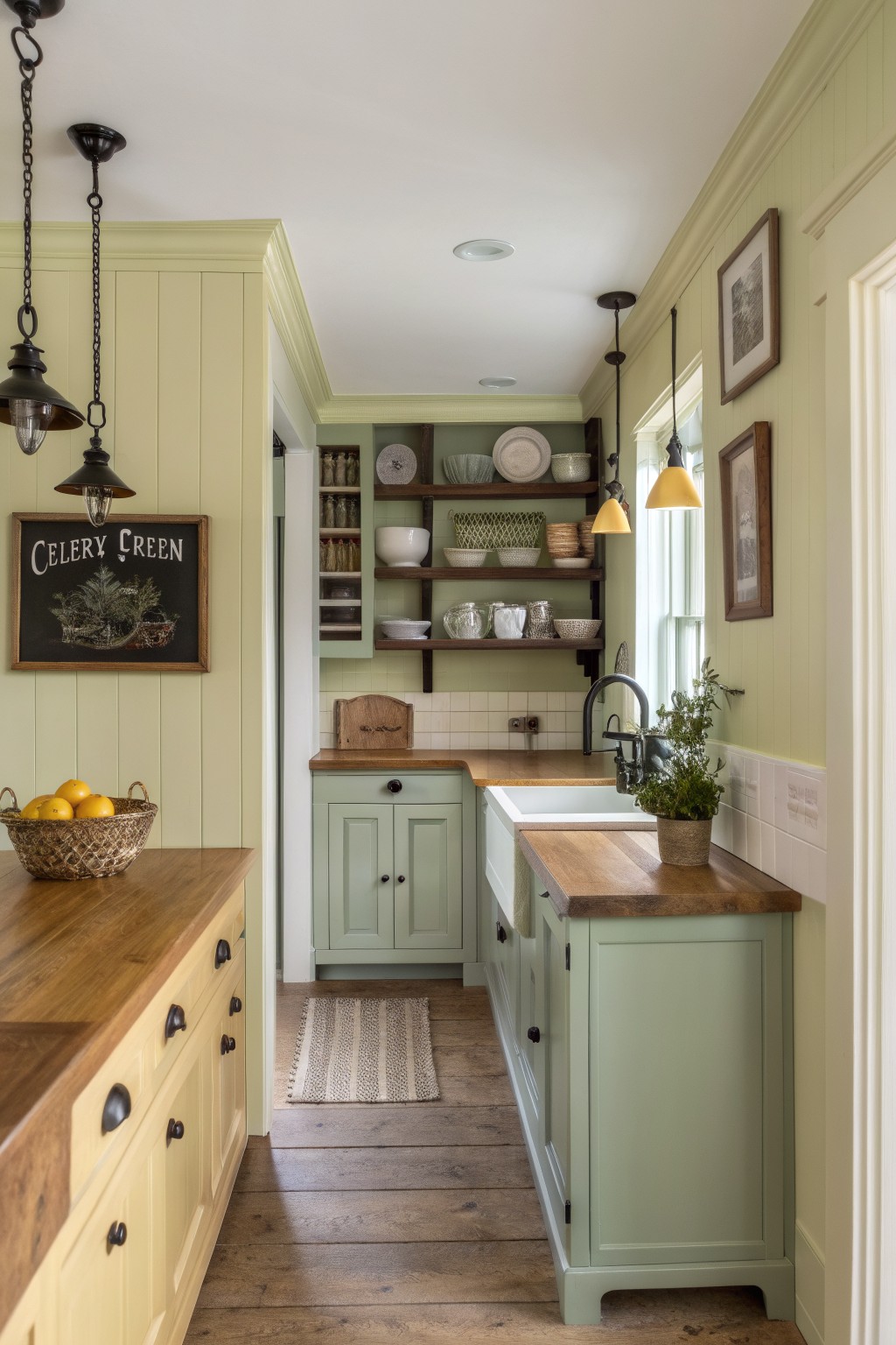 Narrow country kitchen featuring pale sage green cabinets, wooden island and counters, open shelves with dishes, and a Celery Green sign on yellow-green walls