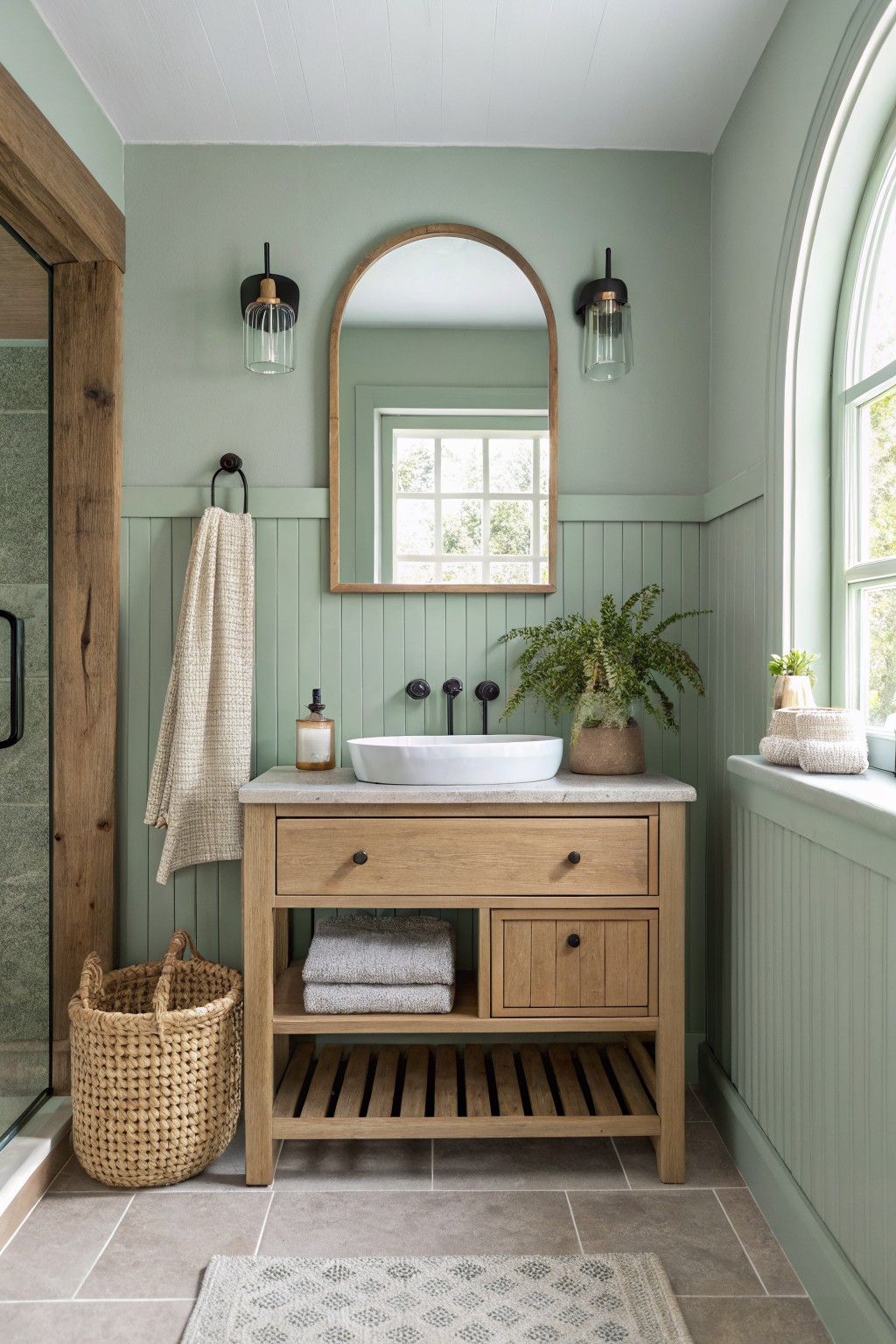 Cozy bathroom featuring pale sage green wainscoted walls, wood vanity with white sink, black fixtures, and potted plants near an arched window