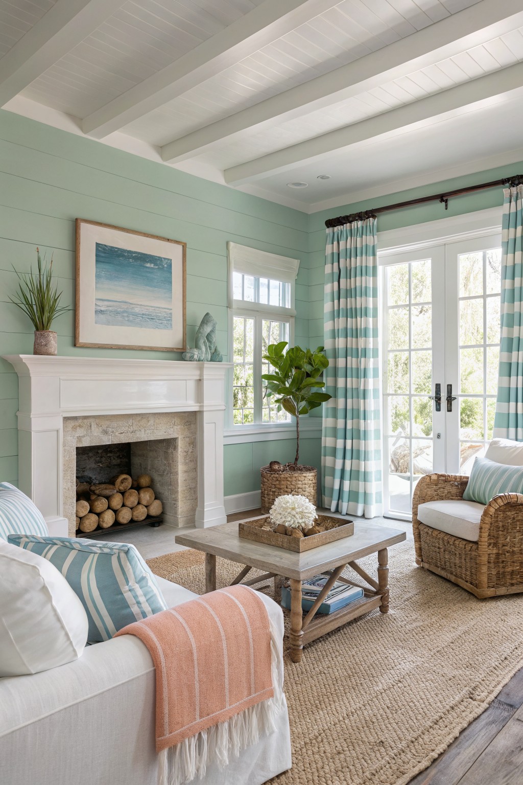 Living room with soft seafoam green shiplap walls, white fireplace mantel, striped blue curtains, white sofa with orange throw, rattan chairs, and seagrass rug