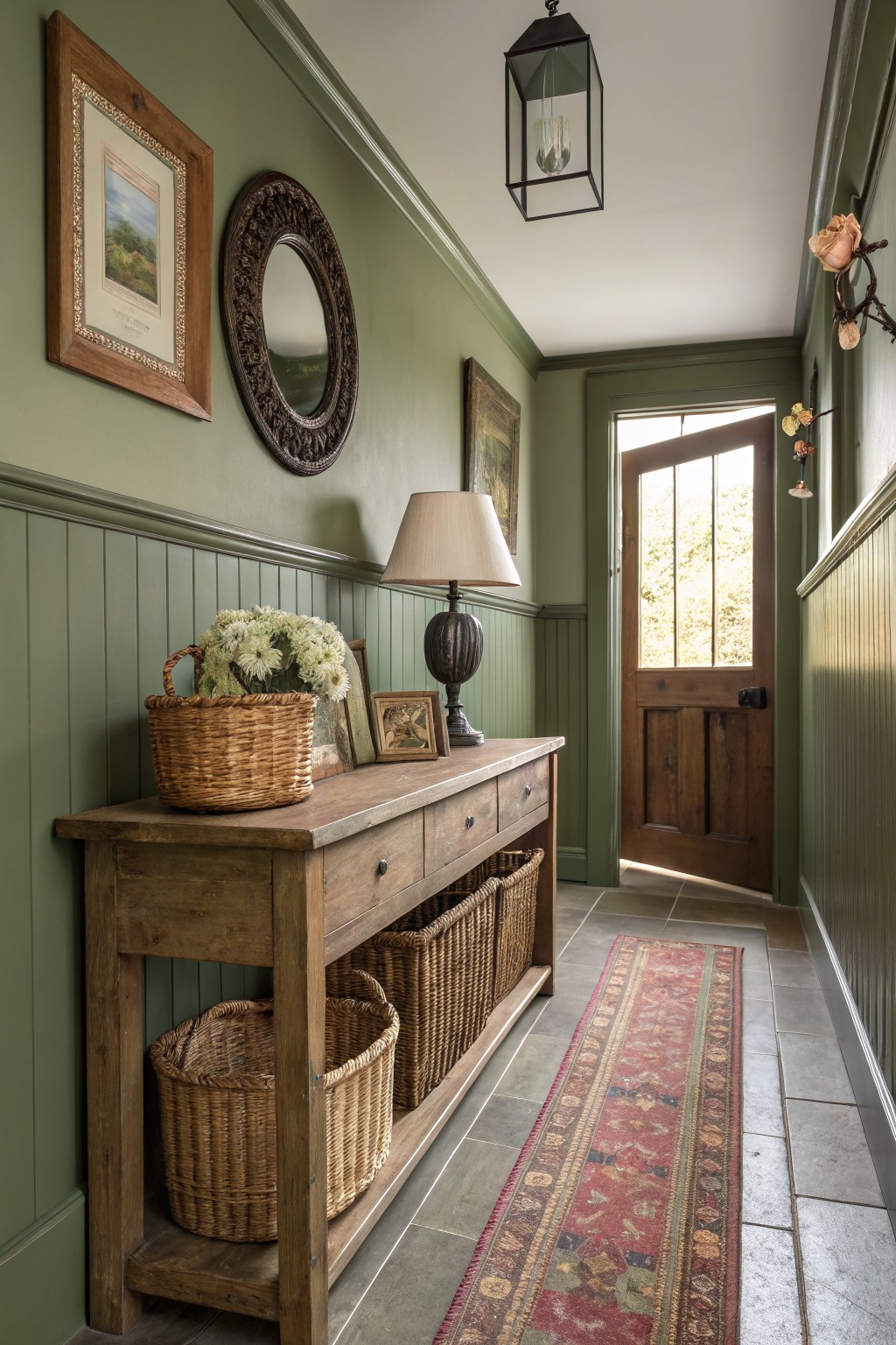 Cozy hallway with muted sage green walls and wainscoting, wooden console table holding baskets flowers and lamp, open wooden door to outdoors, Persian-style runner rug on tile floor