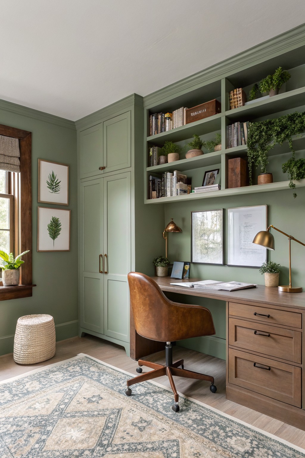 Muted sage green walls and built-in cabinets in a home office with wooden desk, leather chair, bookshelves, and potted plants
