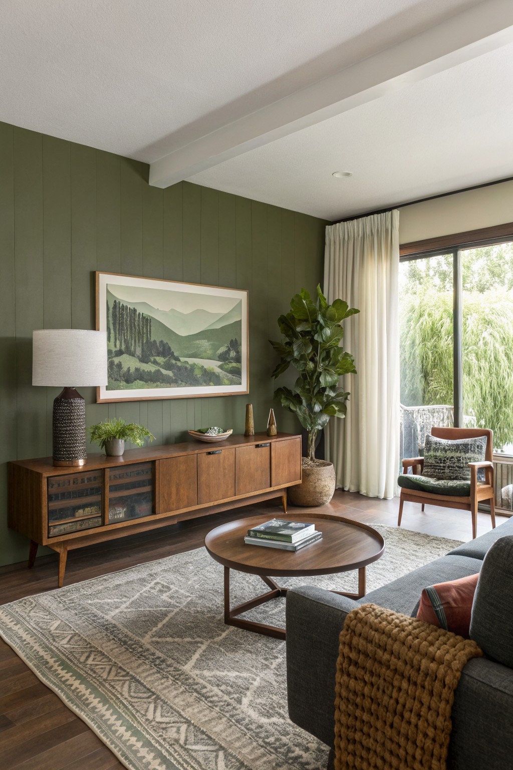 Living room featuring sage green paneled walls accented by midcentury wood furniture, a fiddle leaf fig plant, and large windows overlooking greenery