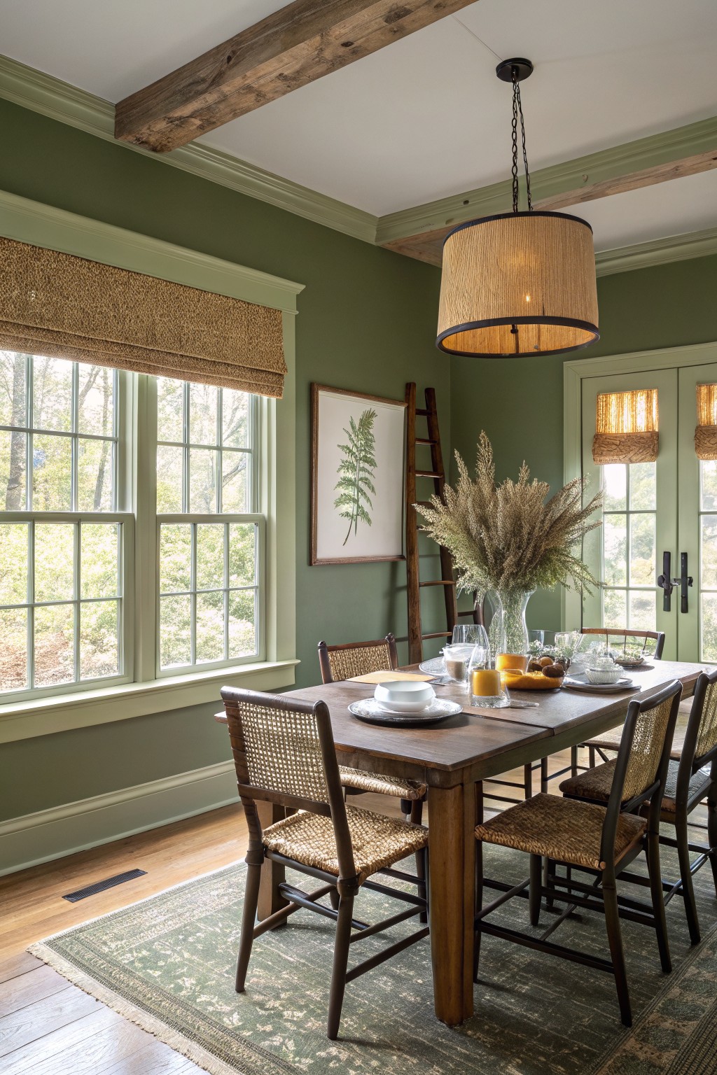 Muted sage green walls surrounding a wooden dining table with rattan chairs, exposed beams, and soft natural light