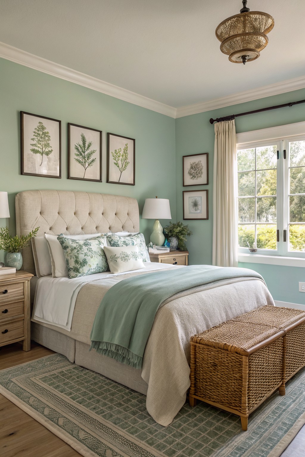 Bedroom with pale sage green walls, tufted beige headboard, wood furniture, and neutral textiles for a calm nature-inspired look