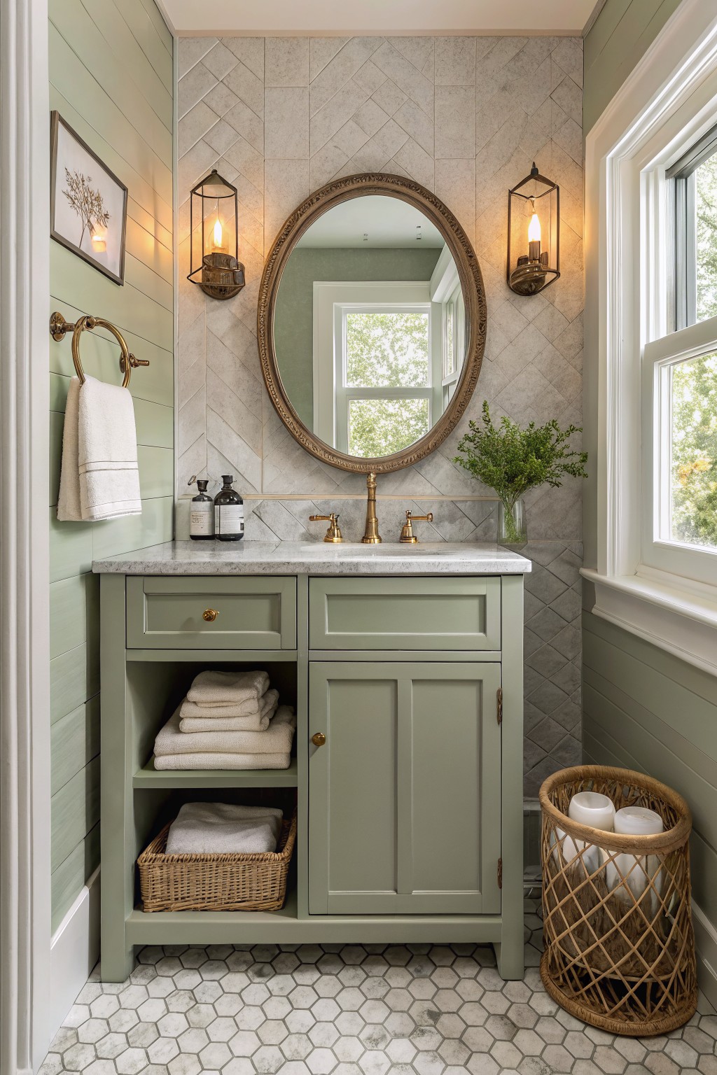 Small bathroom with muted sage green shiplap walls and matching vanity cabinets, gold fixtures, marble countertop, and hexagon tile floor