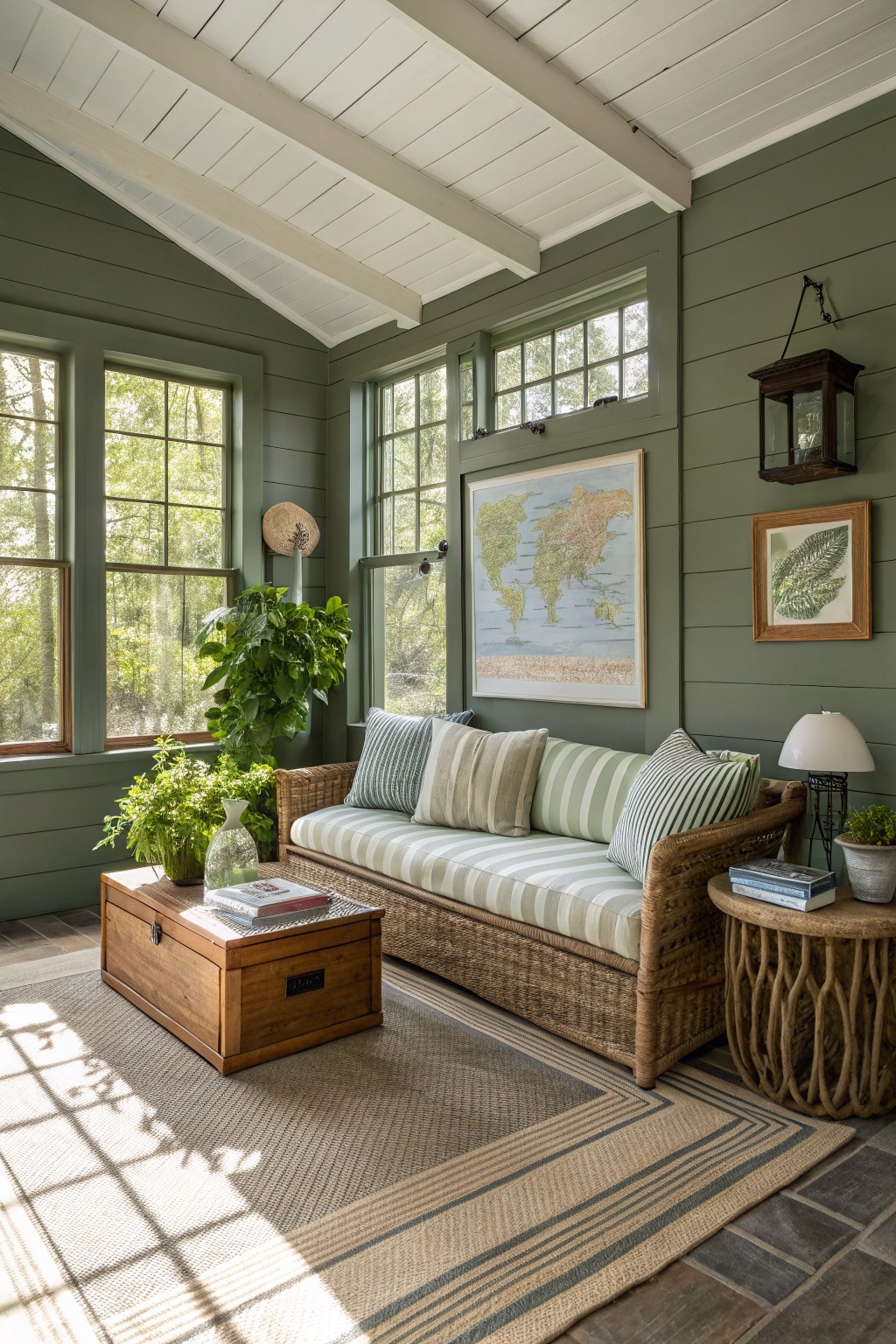Sunlit sunroom with soft sage green shiplap walls, rattan sofa topped with striped pillows, wooden trunk coffee table, potted plants, and large windows overlooking trees
