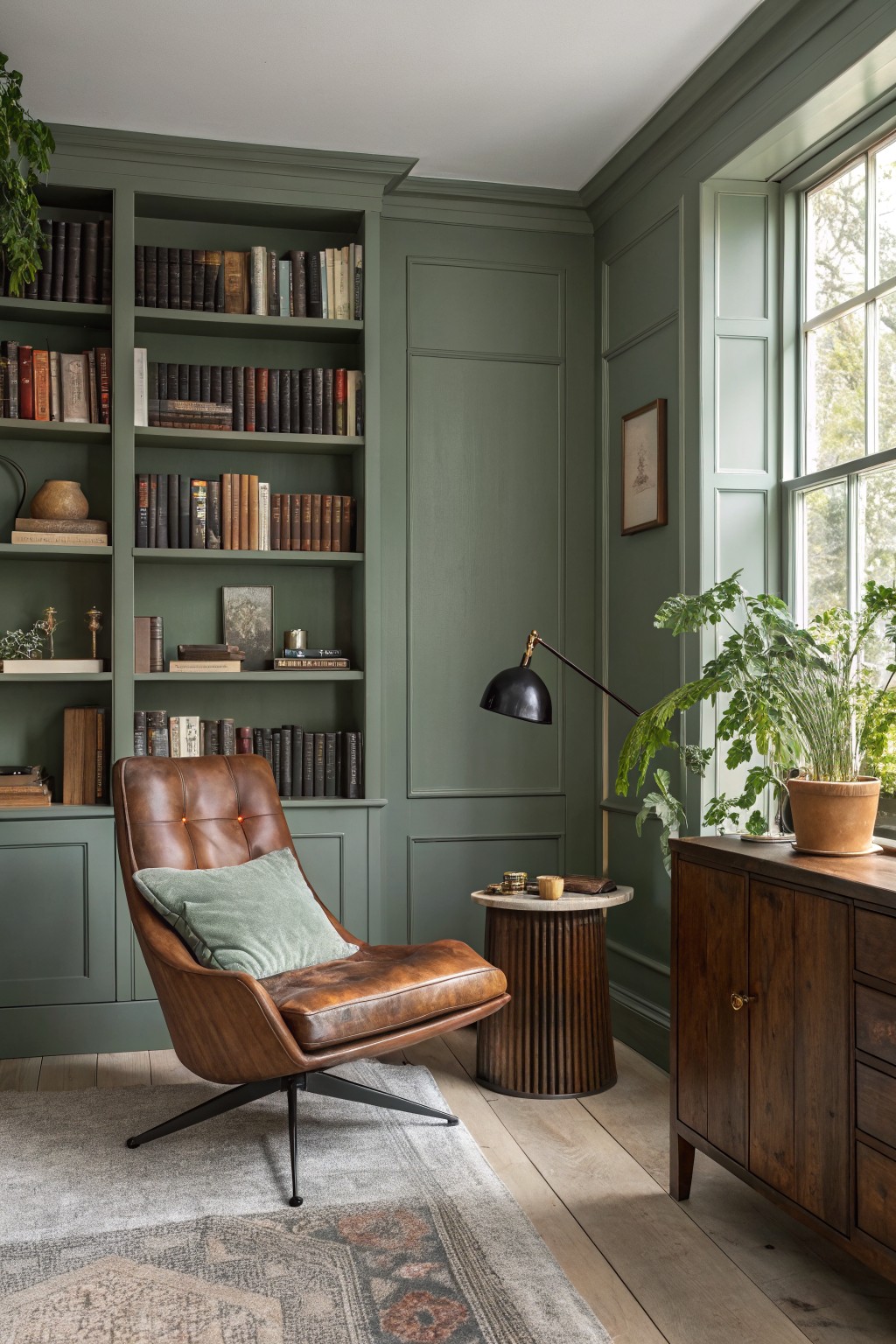 Cozy study corner with muted sage green painted walls and bookshelves, brown leather armchair, wood side table, potted plant by window