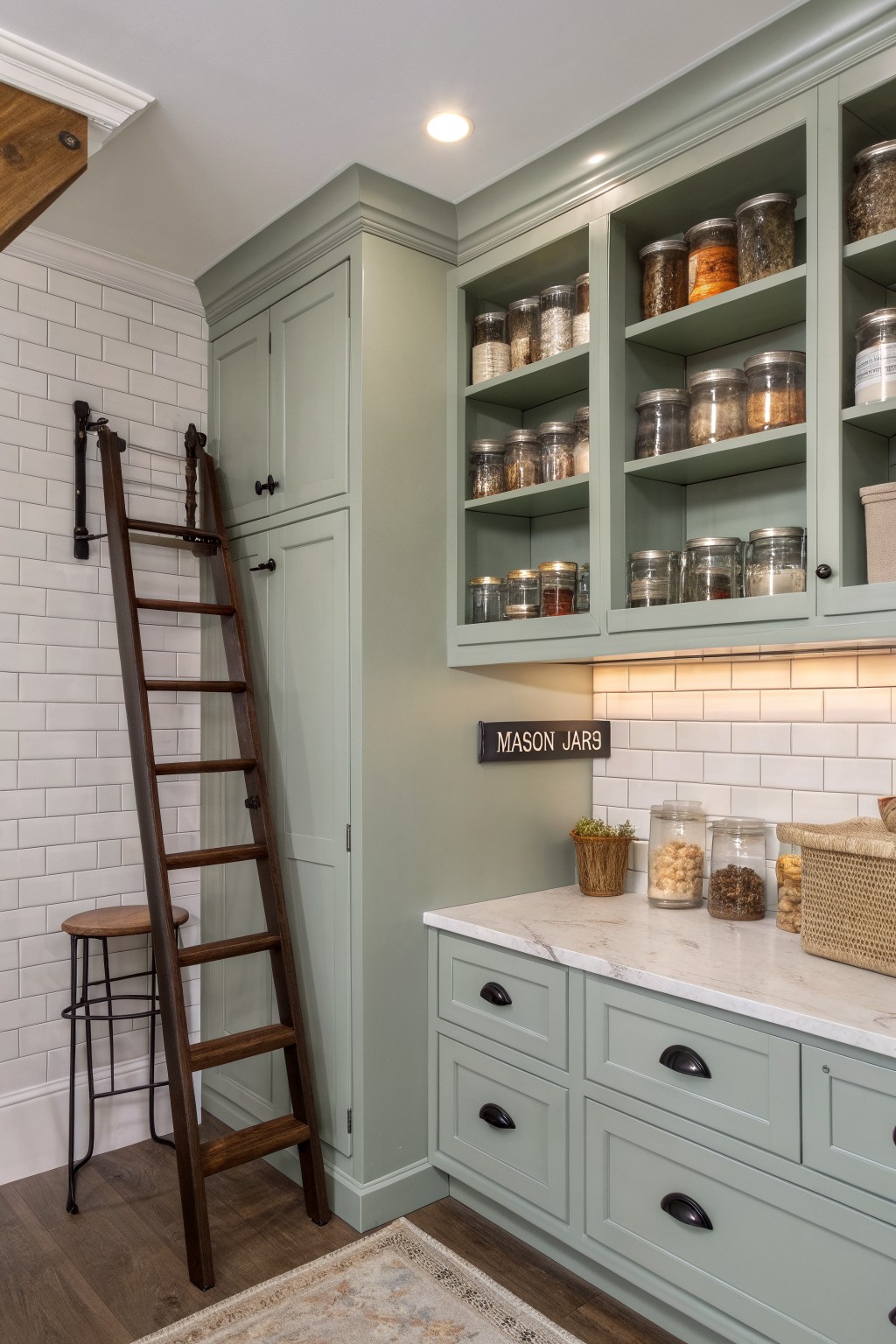 Sage green kitchen cabinets with open shelving full of mason jars, wooden sliding ladder, white subway tile backsplash, and countertop details