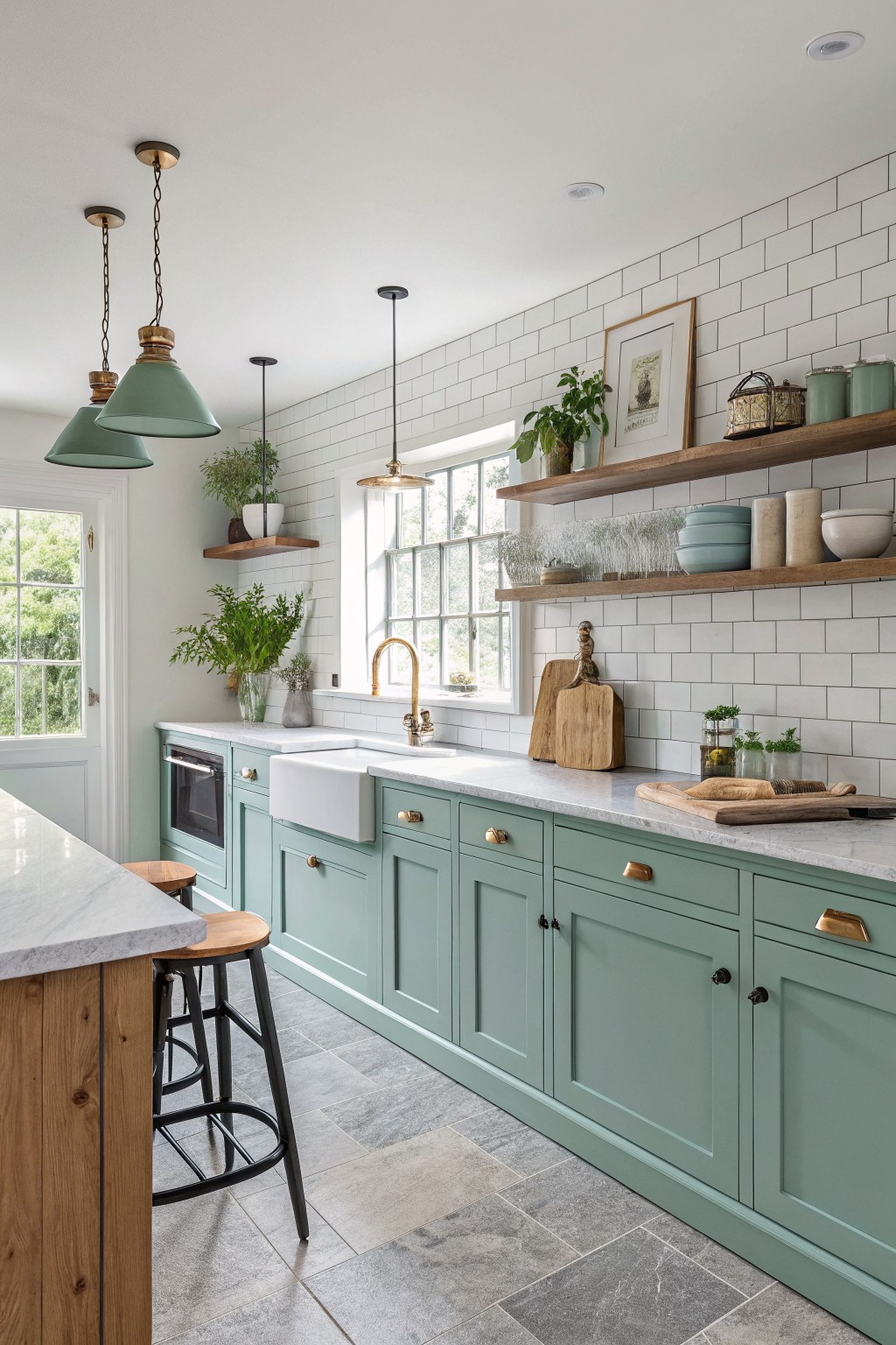 Kitchen cabinets painted in soft muted sage green with white subway tile backsplash, brass faucet, and wooden island stools