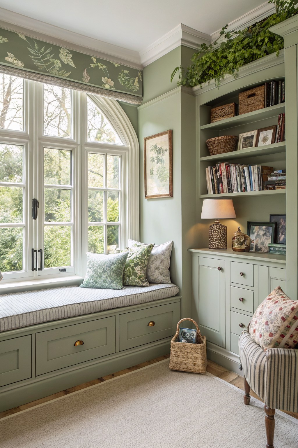 Cozy reading nook with soft sage green walls, built-in window seat, and shelves filled with books and plants