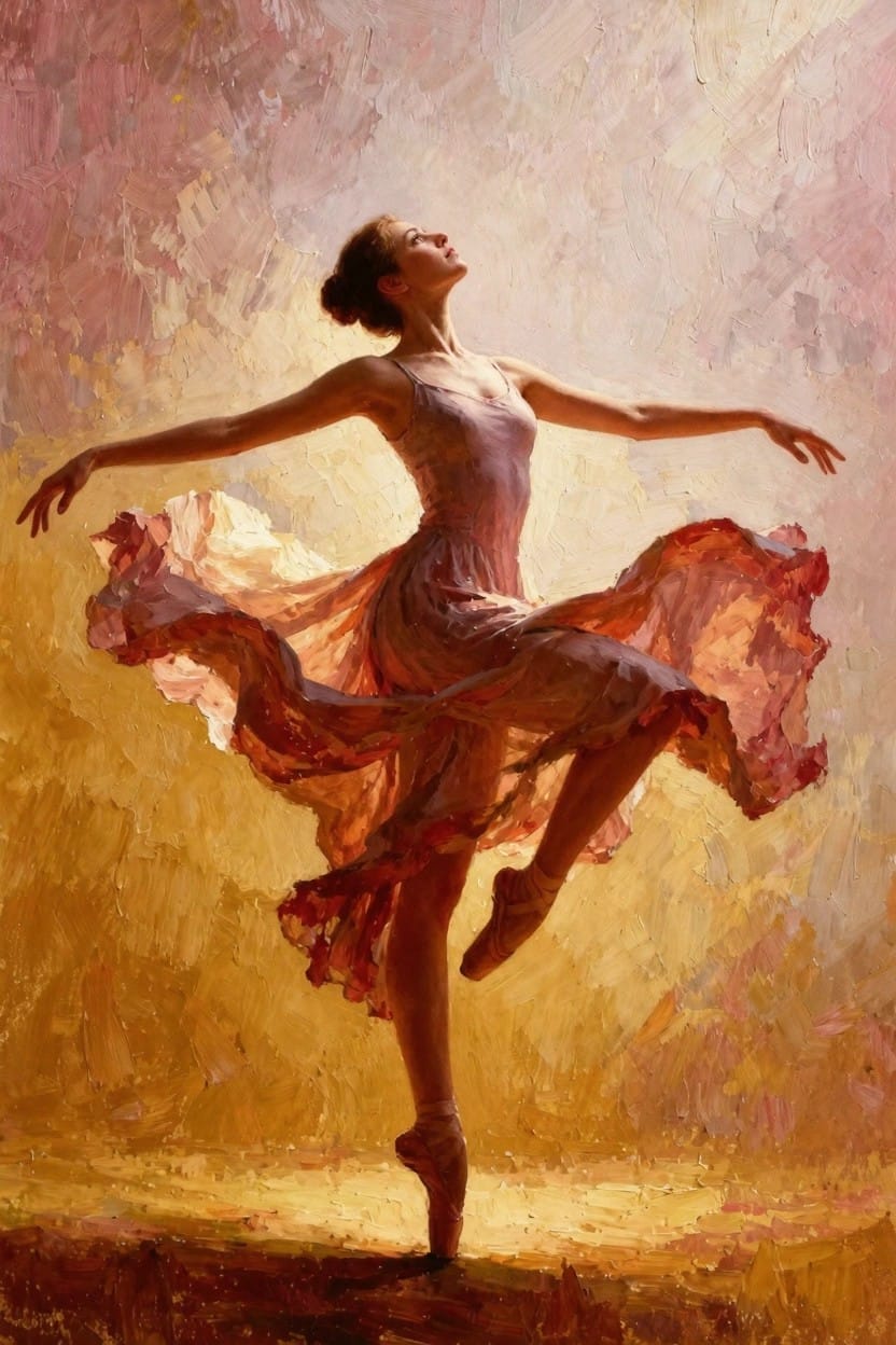 Oil painting of a ballerina on pointe in a pink dress with swirling skirt, arms extended upward, set against a warm yellow-pink background.