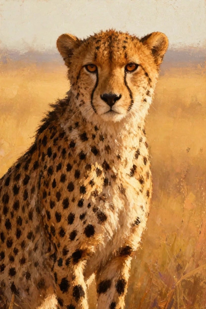 Oil painting style image of a cheetah with yellow eyes sitting amid golden savanna grass under warm light.