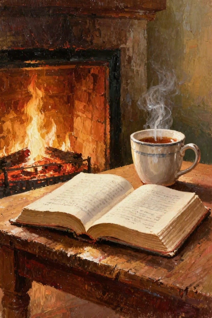 Oil painting depicting a steaming teacup and open book on a wooden table in front of a fireplace with burning logs.
