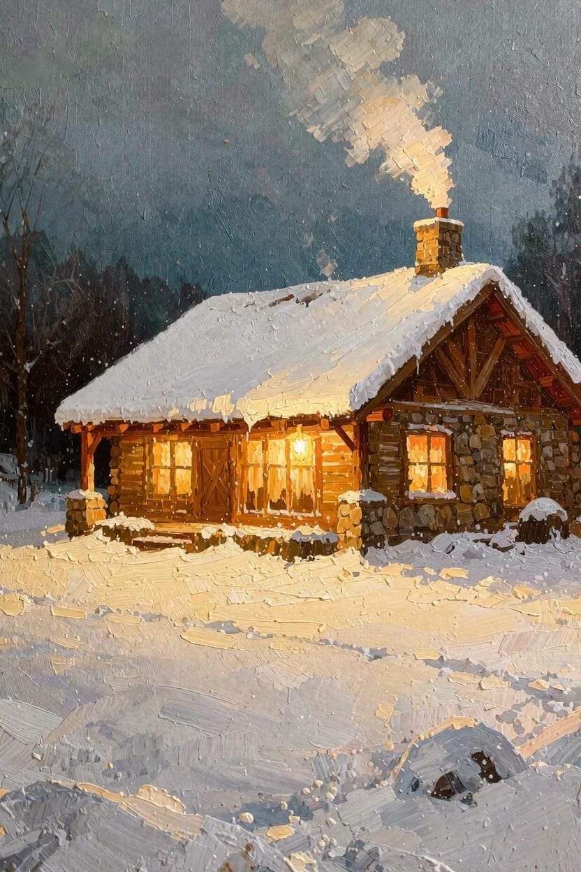 Oil painting of a snow-covered log cabin with warm glowing windows, chimney smoke, and surrounding winter landscape at dusk.