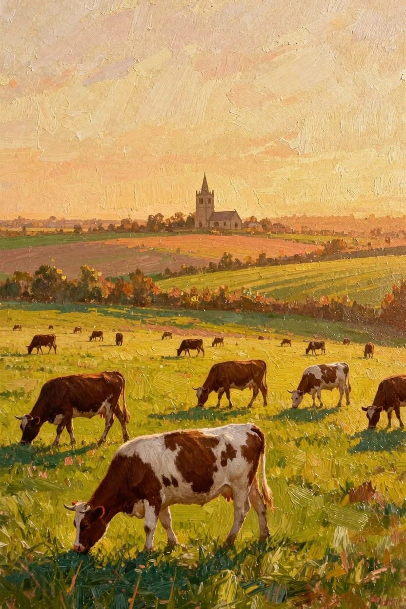 Oil painting depicts cows grazing in green meadows at golden hour with rolling fields, trees, and a church steeple on distant hills.