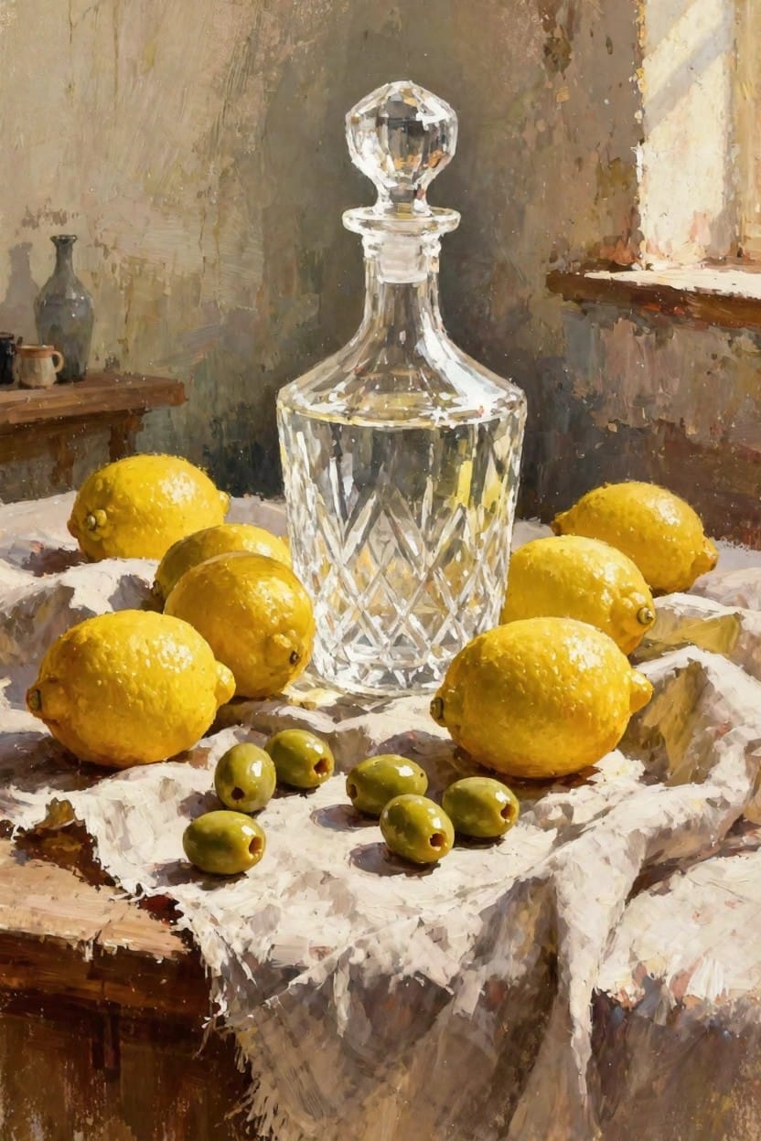 Oil painting still life of yellow lemons and green olives around a crystal decanter on a draped wooden table with window light.