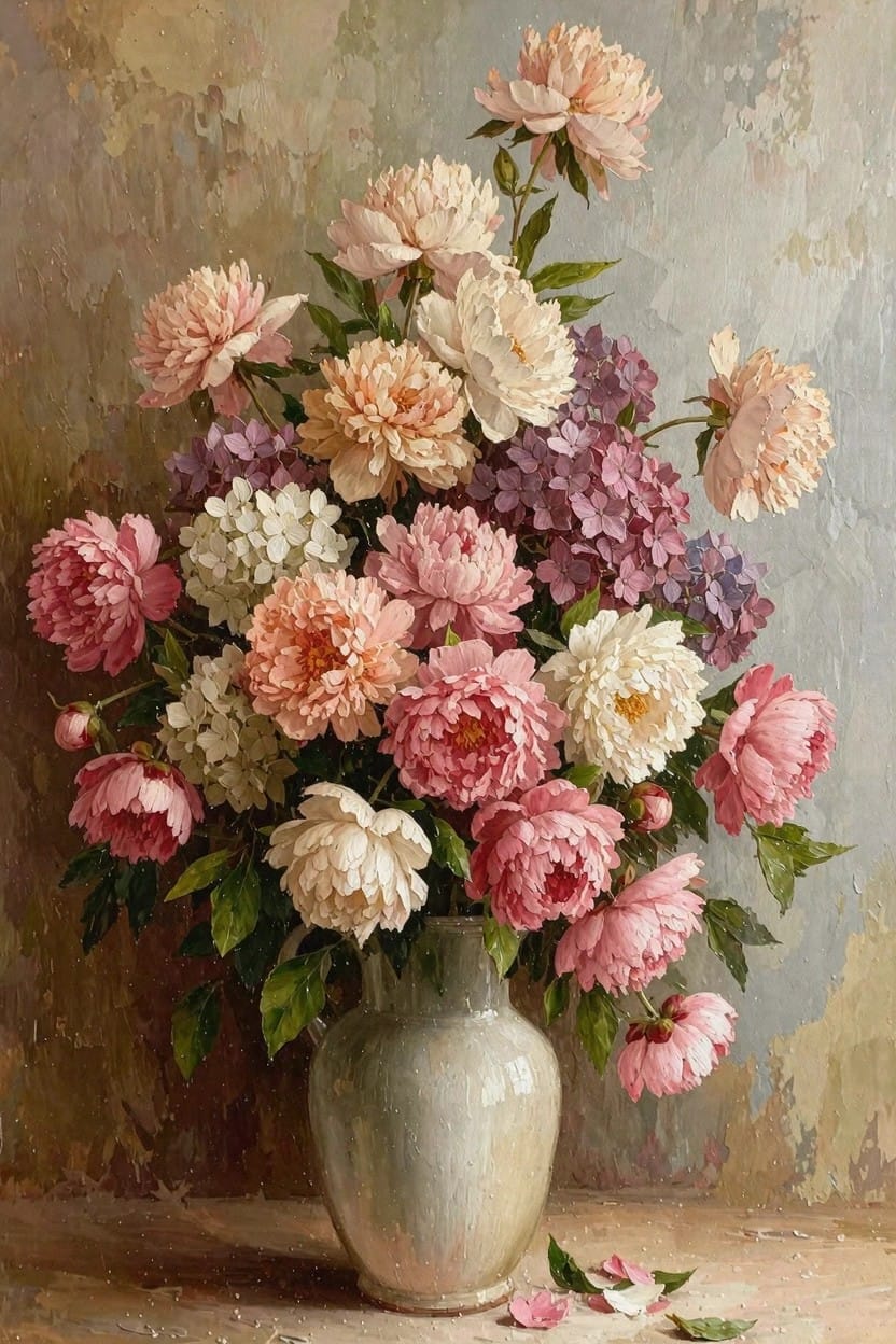 Oil painting of a large bouquet of pink, peach, white peonies and purple hydrangeas in a white vase on a table with scattered petals and leaves.