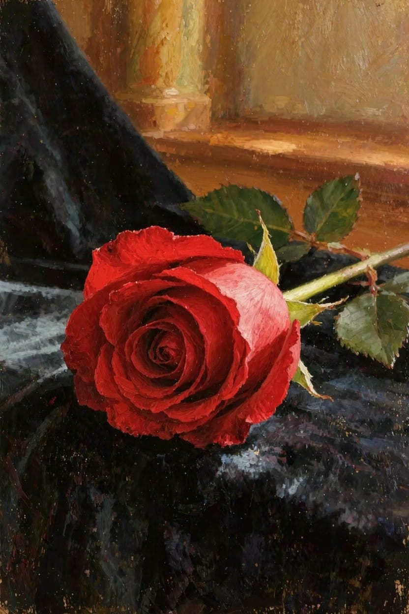Oil painting of a single red rose with leaves on black velvet fabric near a warm golden window sill.