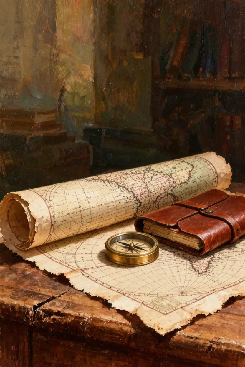 Oil painting still life featuring an unrolled aged map, brass compass, and leather journal on a wooden table against bookshelves.